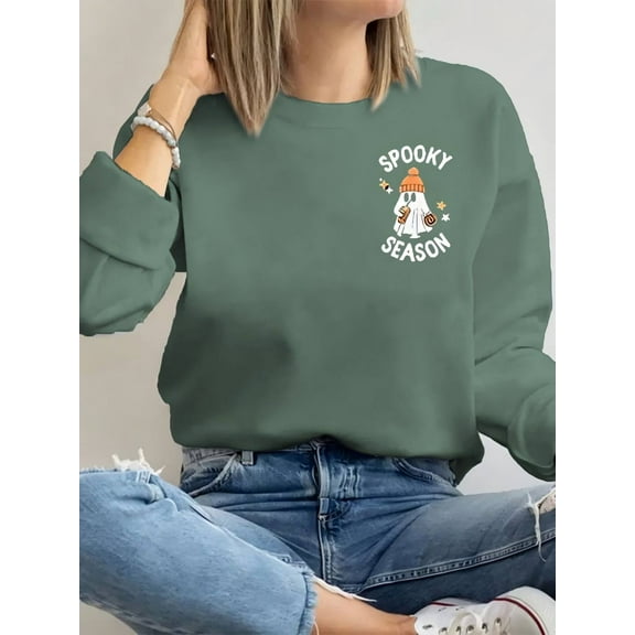 Halloween Sweatshirt  Spooky Season Print Long Sleeve Shirt for Women