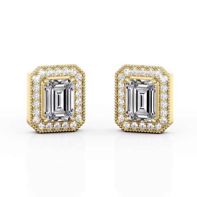 JeenMata Pendientes con Bisel Engastado con Puntas, Canal de Halo Milgrain y Moissanita de Corte Esmeralda de 2,15 Quilates, Chapado en Oro Amarillo de 18 K sobre Plata