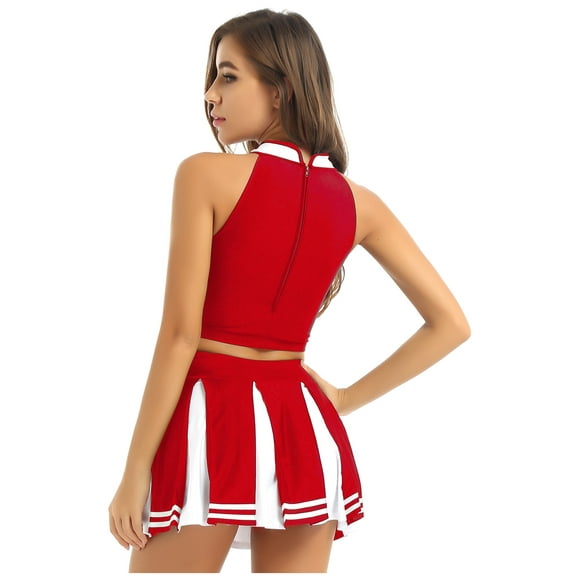 Raenseen Women School Girls Cheer Leader Uniform Cosplay Costume Back Criss Cross Crop Top with Red M