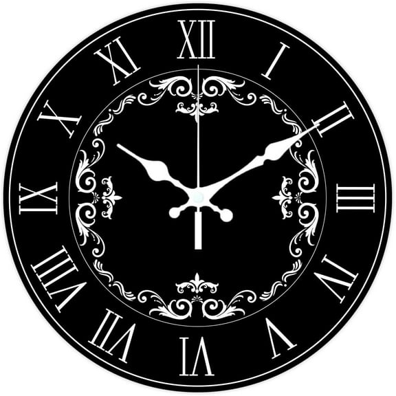 Retro Roman Numerals Pattern Wall Clock 12 Inch Non-Ticking Clocks Round Wall Hanging Clock Battery Operated