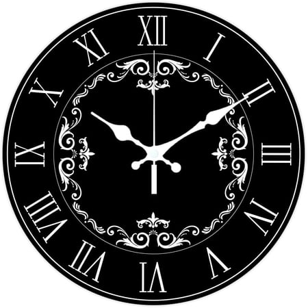 Retro Roman Numerals Pattern Wall Clock 12 Inch Non-Ticking Clocks Round Wall Hanging Clock Battery Operated for Bedroom Living Room Kitchen Office Black
