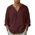 thumbnail image 2 of Mifsaly Mens Beach Shirts V Neck Long Sleeve Cotton Linen Shirt Lightweight Breathable Loose Fit Vacation Lounge Fashion T-Shirts Wine,XL, 2 of 8