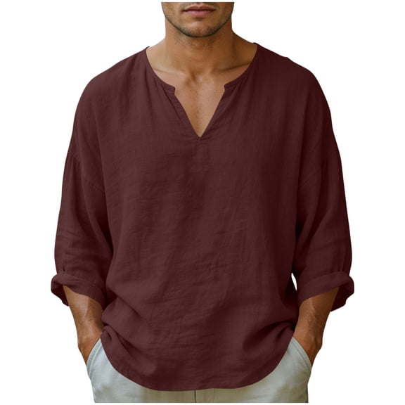 BVnarty Men's Solid Color Cotton-Linen Blend Long Sleeve Notched V-Neck T-Shirt Regular Fit Casual Summer Daily Wear Layering Top Wine XXXL