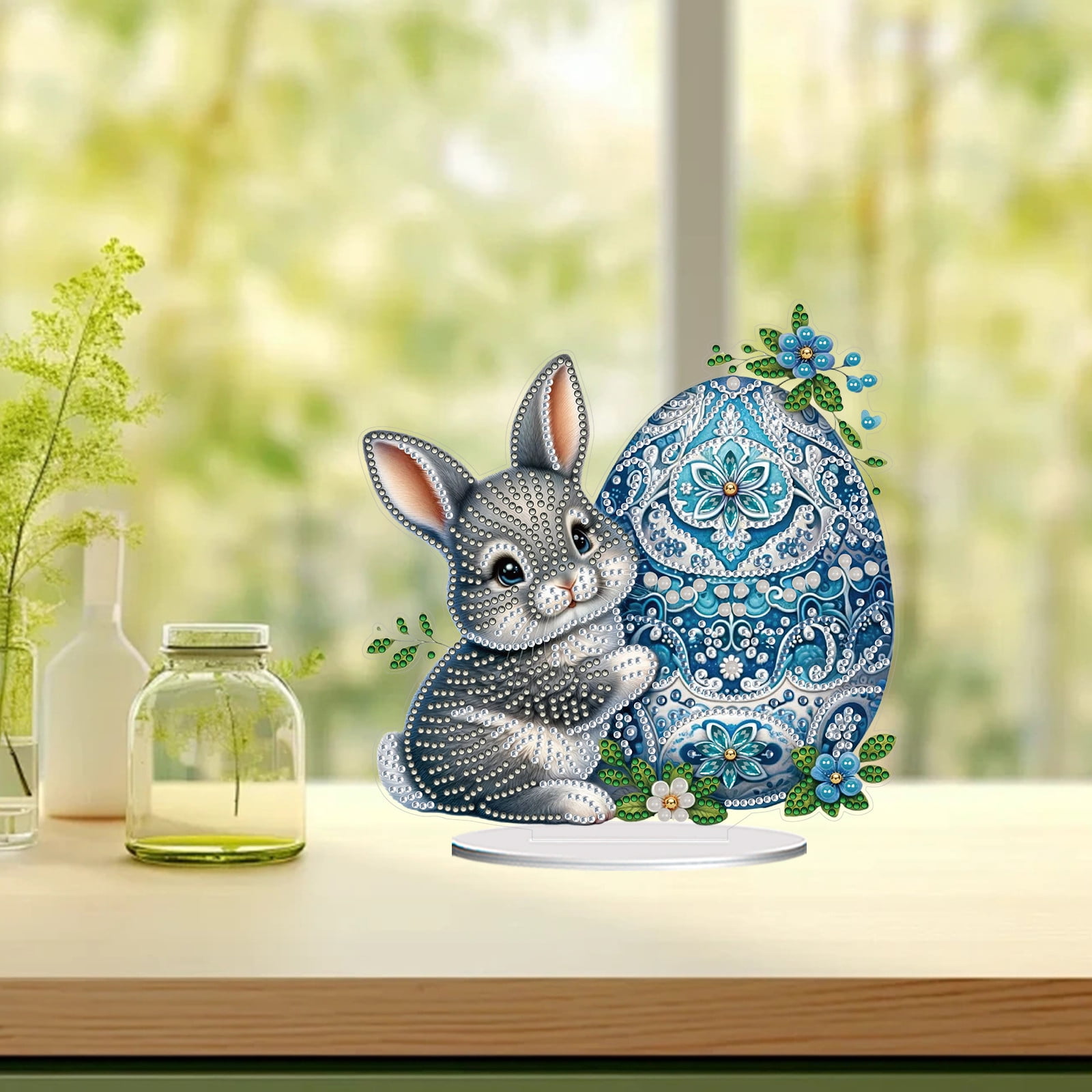 FLOPESN DIY Diamond Art Painting Easter Bunny Ornament Kits with Oval Base, Single-Sided Diamond Painting PET Craft for Home Decor