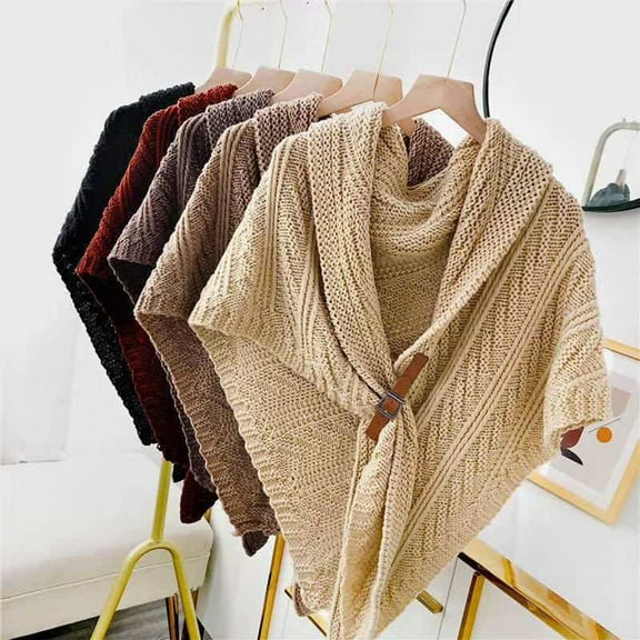 harmtty Fashion Faux Leather Buckle Fine Craftsmanship Thick Warm Knitted Scarf Women Autumn Winter Large Solid Scarf Poncho Brown