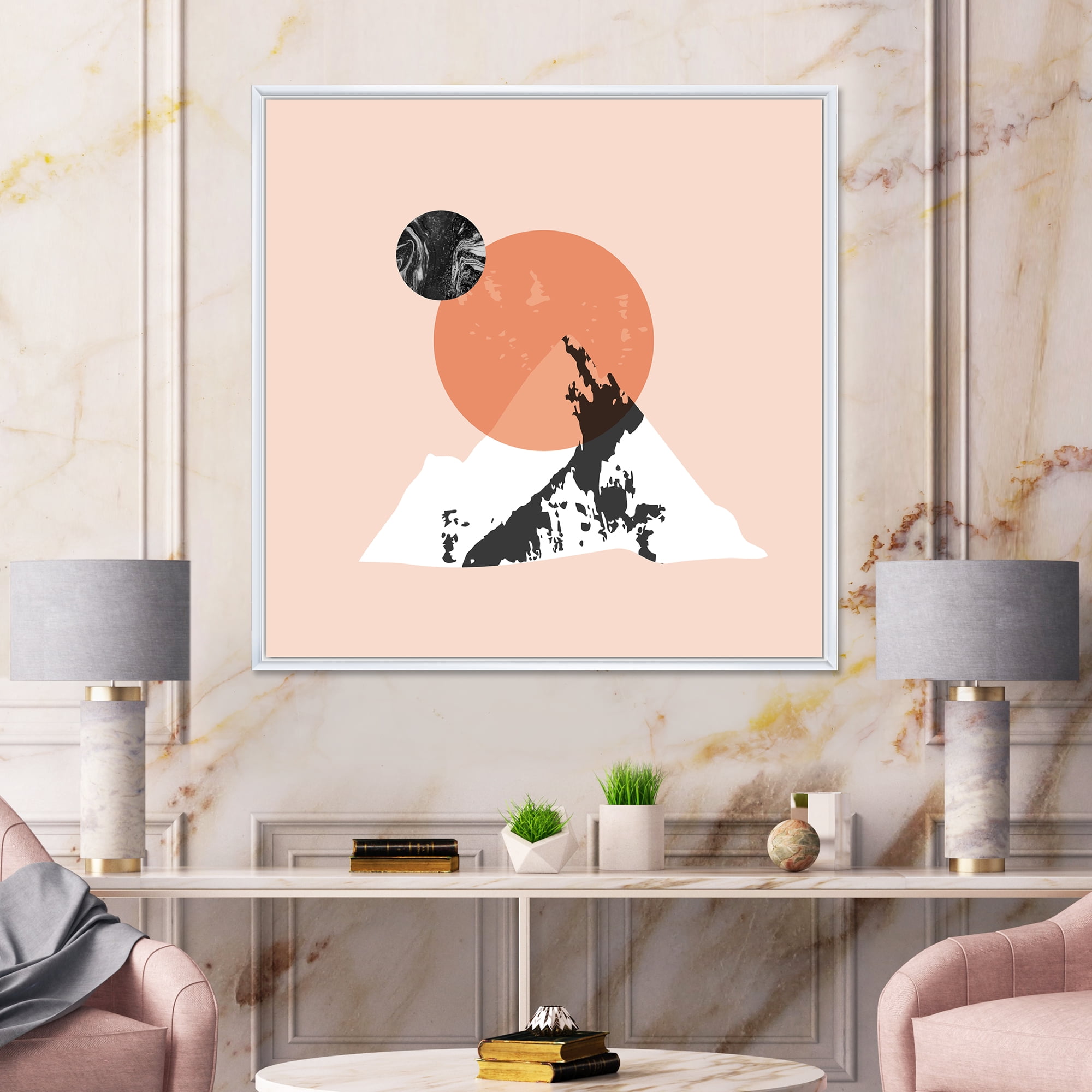 Designart 'Modern Minimalist Mountain Moon and Sun' Modern Framed Canvas Wall Art Print