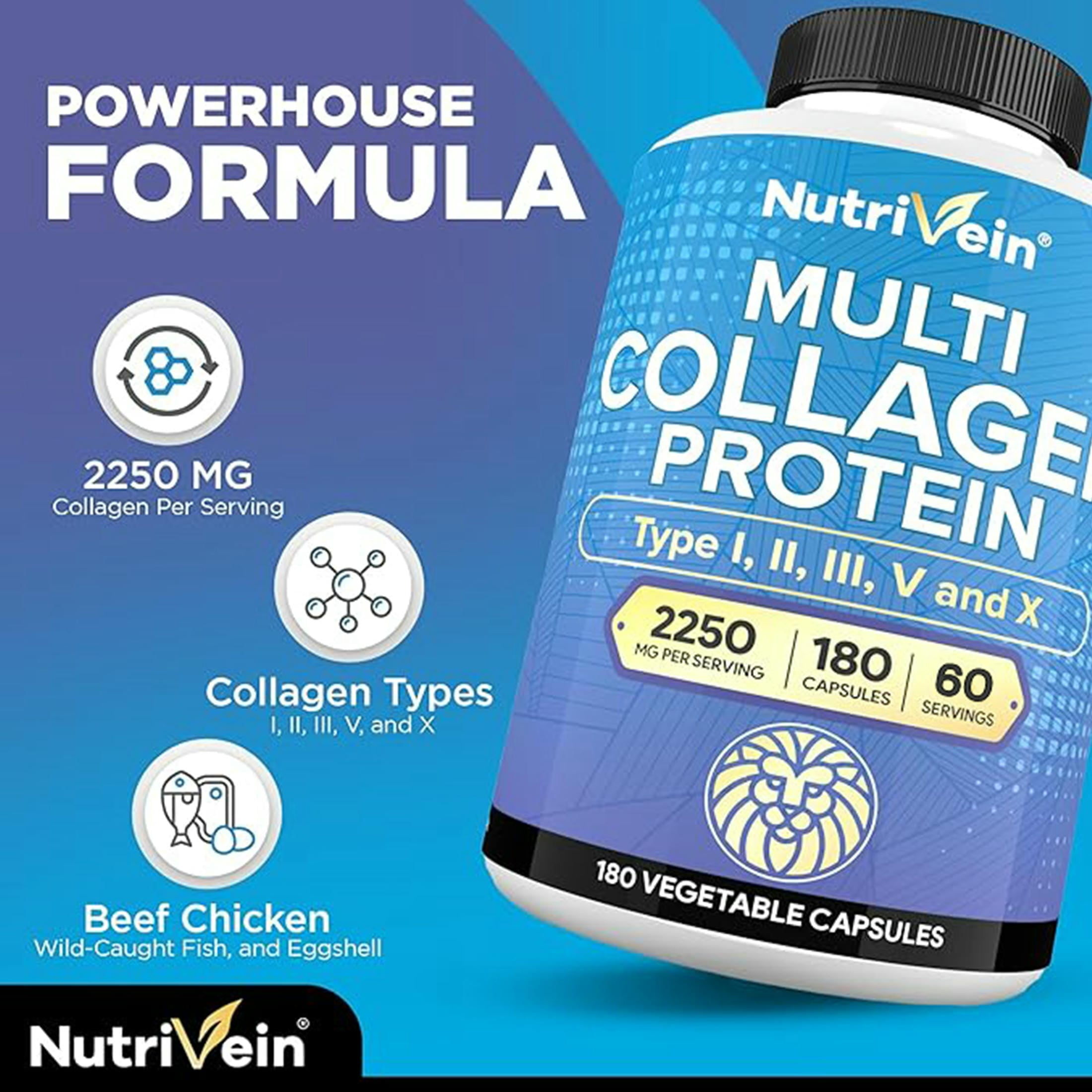 NutriVein Multi Collagen 2250 mg – Joints, Hair, Skin & Nails, 180 Capsules