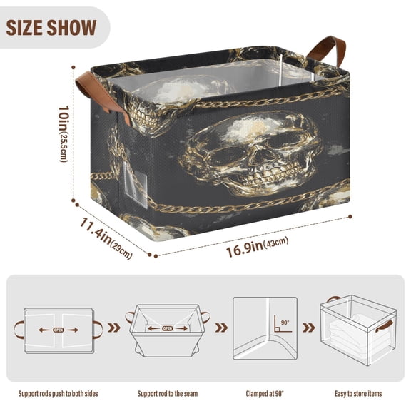 BZSMCE Collapsible Fabric Cube Storage Bins Skeletons Wearing Gold Design Pattern Storage Box
