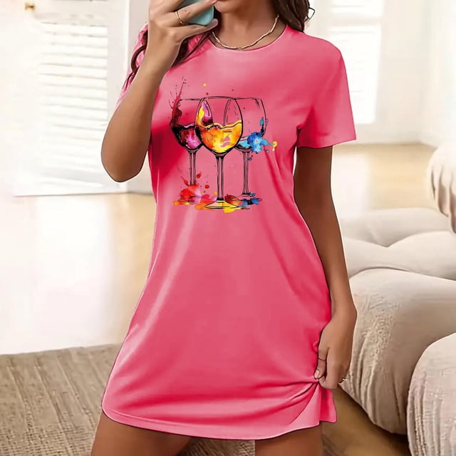 Shorts pour Femmes, Chemises à Manches Courtes pour Femmes, Chemise de Nuit Courte Surdimensionnée pour Femmes Mode avec Imprimé sur la Poitrine Robe de Nuit à Manches Courtes