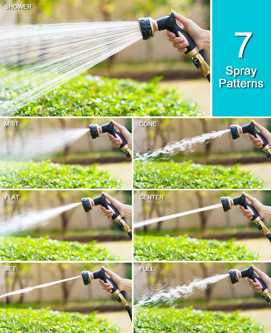 Garden Hose Nozzle 100% Heavy Duty, Metal Water Hose Nozzle with 7 Spray Patterns, Thumb Control All for Watering Plant & Lawn, Washing Car & Pet