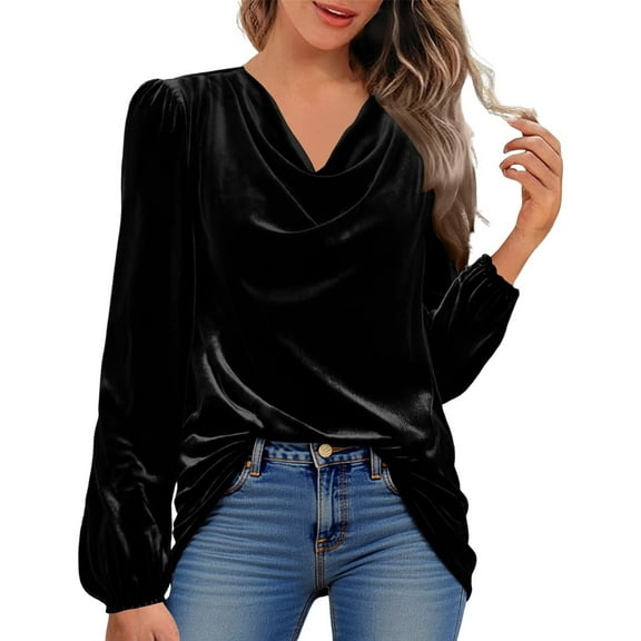 Breezora Ladies Gold Deep V Neck Long Sleeve T-Shirt Top Casual Fall Winter Soft Stretch Daily Wear Blouse L Size Black