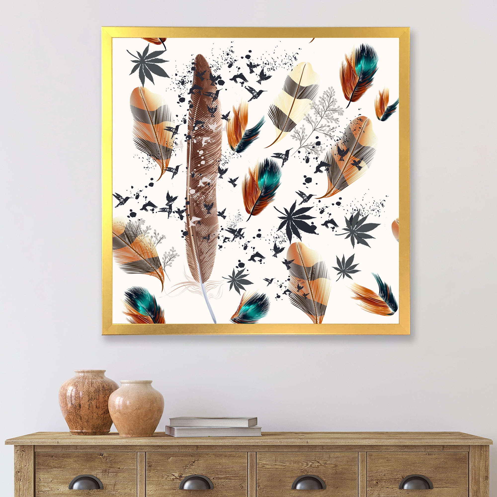 Designart 'Multicolored Feather Pattern With Floral' Bohemian & Eclectic Framed Art Print