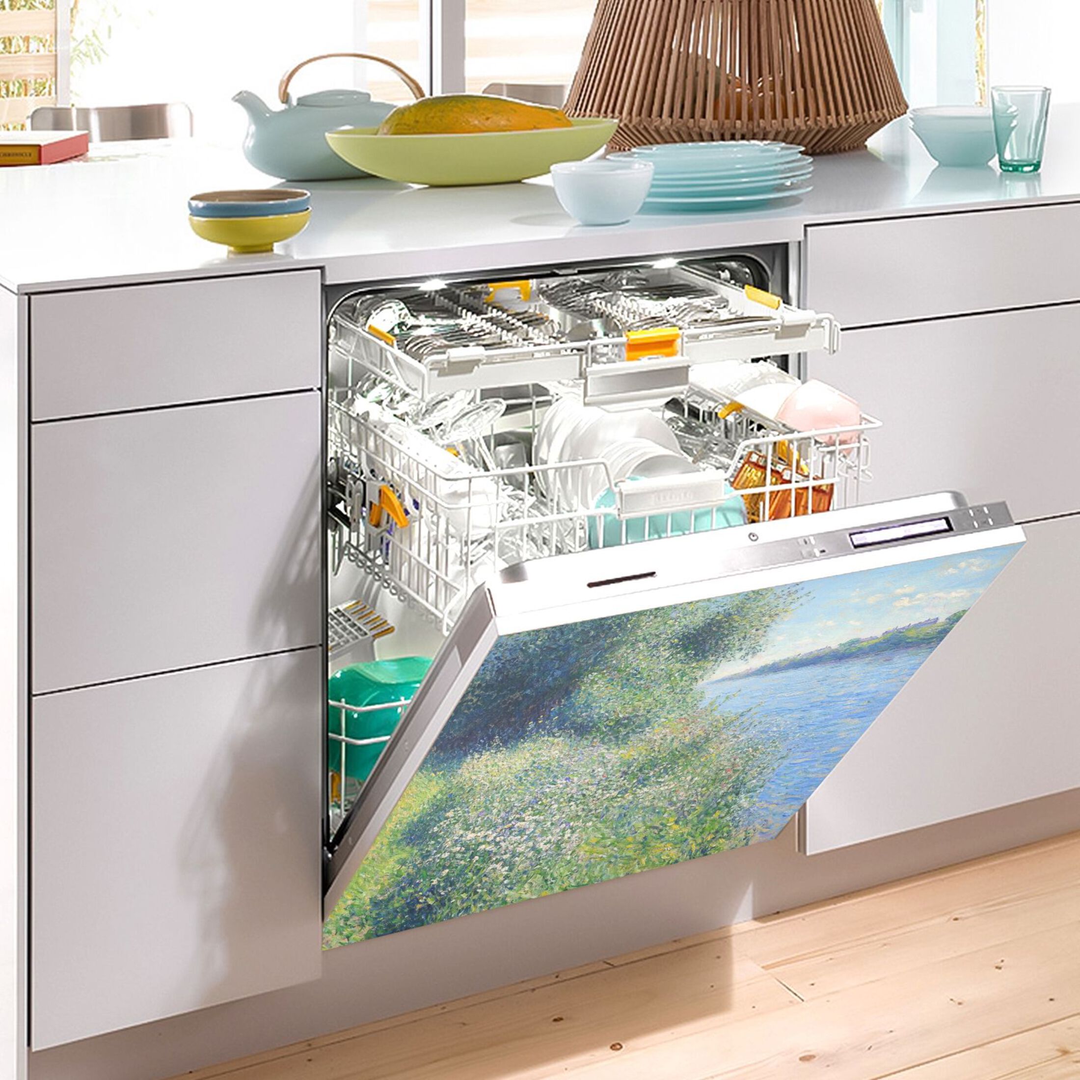 Dishwasher Magnetic Sticker 23x26 Inch Refrigerator Magnetic Sticker Washing Machine Magnetic Sticker Kitchen Panel Magnetic Sticker Home Decor Blue Oil Painting Lake
