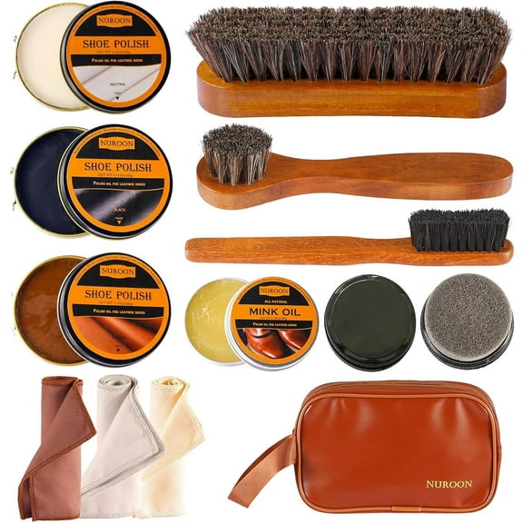 13Pcs Polish Kit for Men & Women - 3 Horsehair Brushes, Black Brown Neutral Mink Oil for Shoes, Boots Shine Care Kit