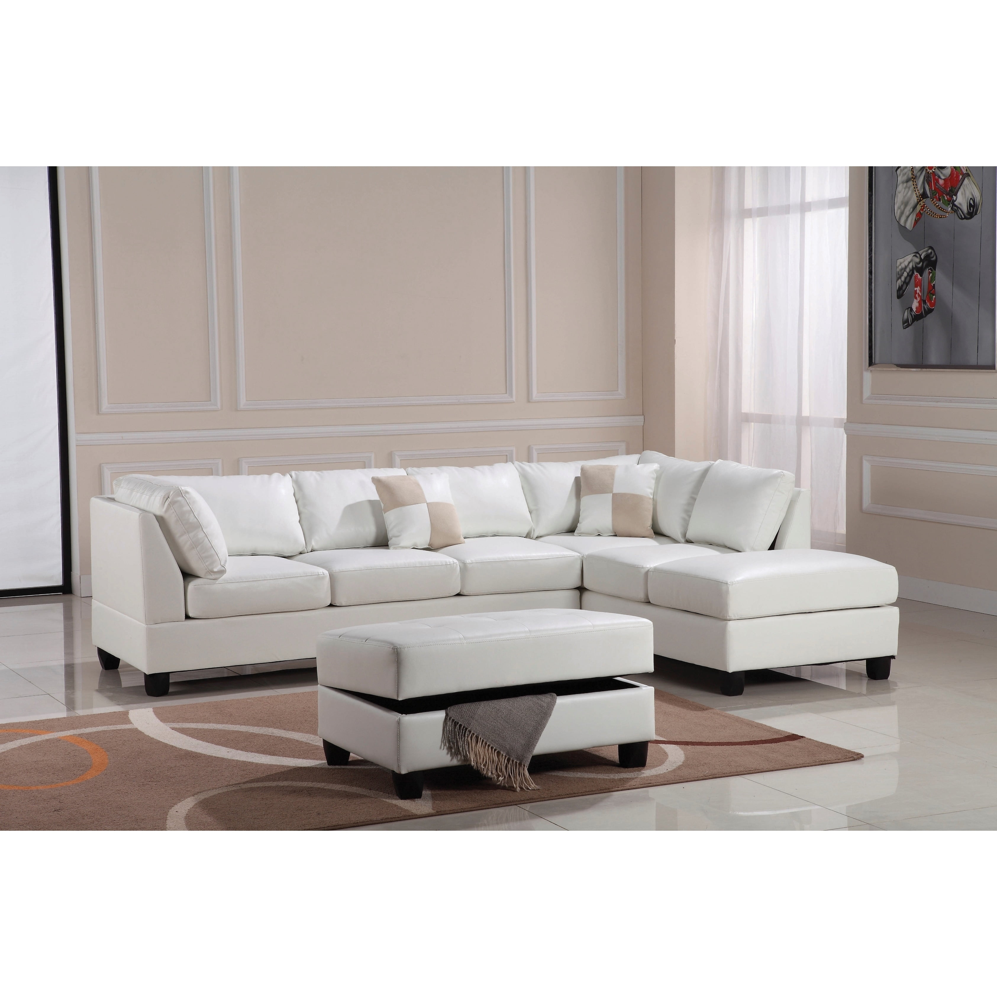 Lyke Home Contemporary Leather Look Pu Reversible Sectional Sofa White