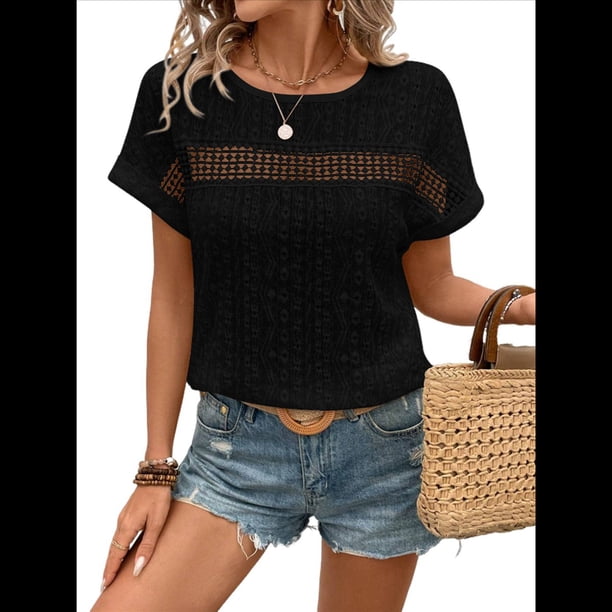 Blusas Bohemias de Punto con Cuello Redondo, Corta, Bordadas, con Encaje y Aberturas para Mujer Negro XXL