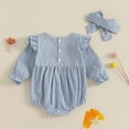 thumbnail image 4 of Cute Infant Girl Outfits Summer Newborn Girls Short Sleeve Romper with Headband Baby Jumpsuit Spring Clothes (Blue 0 Months), 4 of 6