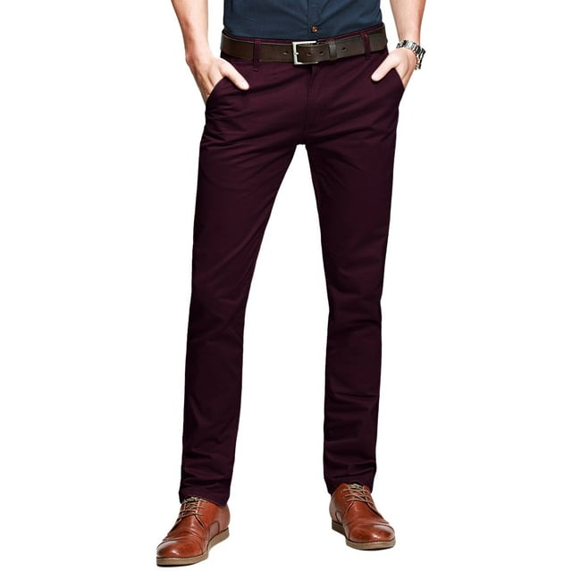 Pantalones casuales que combinan con la parte delantera plana y delgada para hombre, color rojo vino
