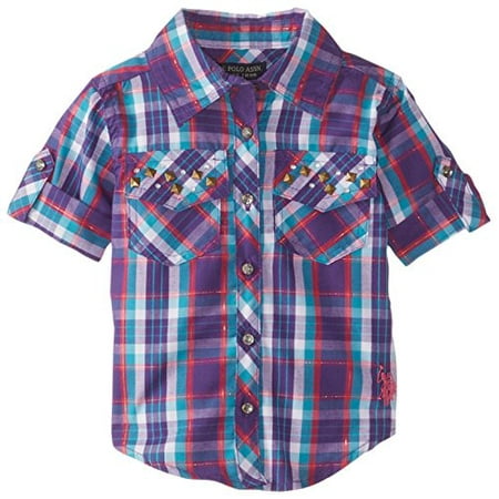 U.S. Polo Assn. Baby Girls' Plaid Rhinestone Studded Shirt with Roll Cuff Sleeve, Stark Purple, 24 Months