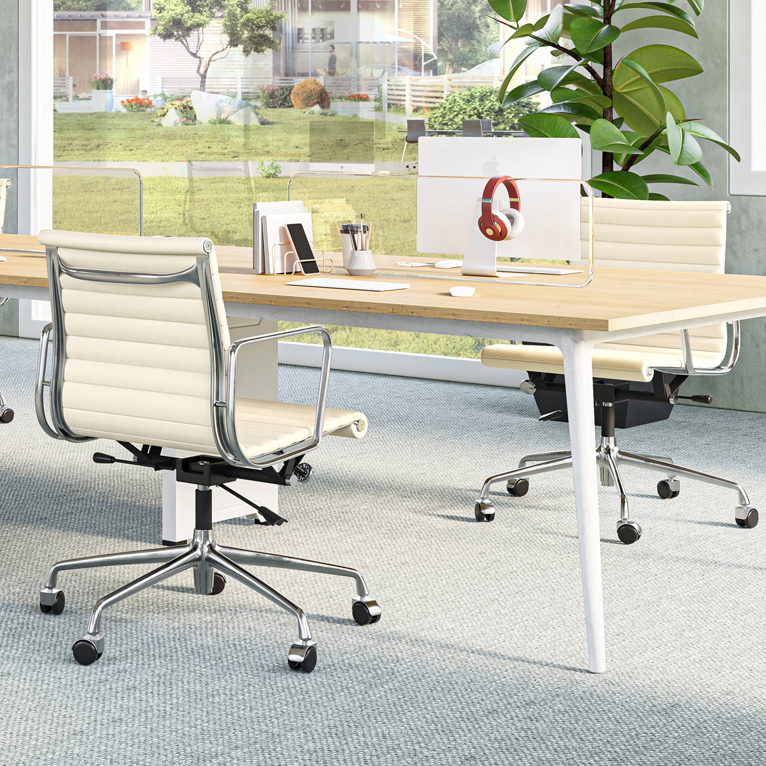 Mid Back Office Chair Ergonomic Office Chair Swivel Leather Task Chair with Lumbar Support,Adjustable Height,White