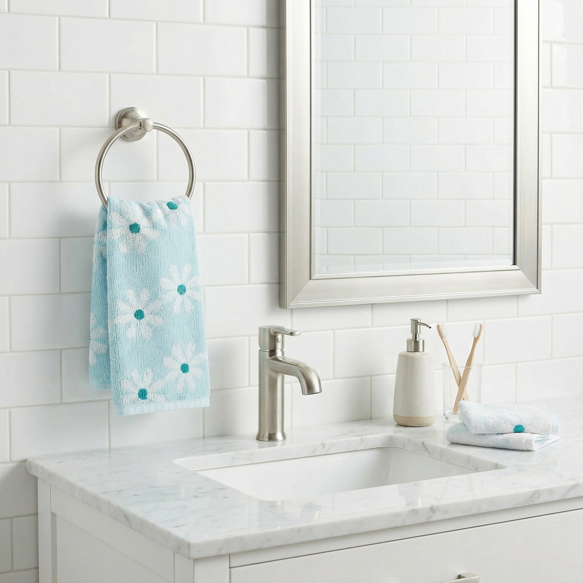 Unique Bargains Pure Cotton Daisy Pattern Ultra Soft Hand Towel Blue 29" x 13"