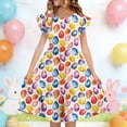 thumbnail image 1 of EGNMCR Robe à Manches Courtes Col Rond Robe d'Été pour Enfants à Manches Plissées Double Couche Imprimée pour Enfants de 5 à 14 Ans, 1 of 7