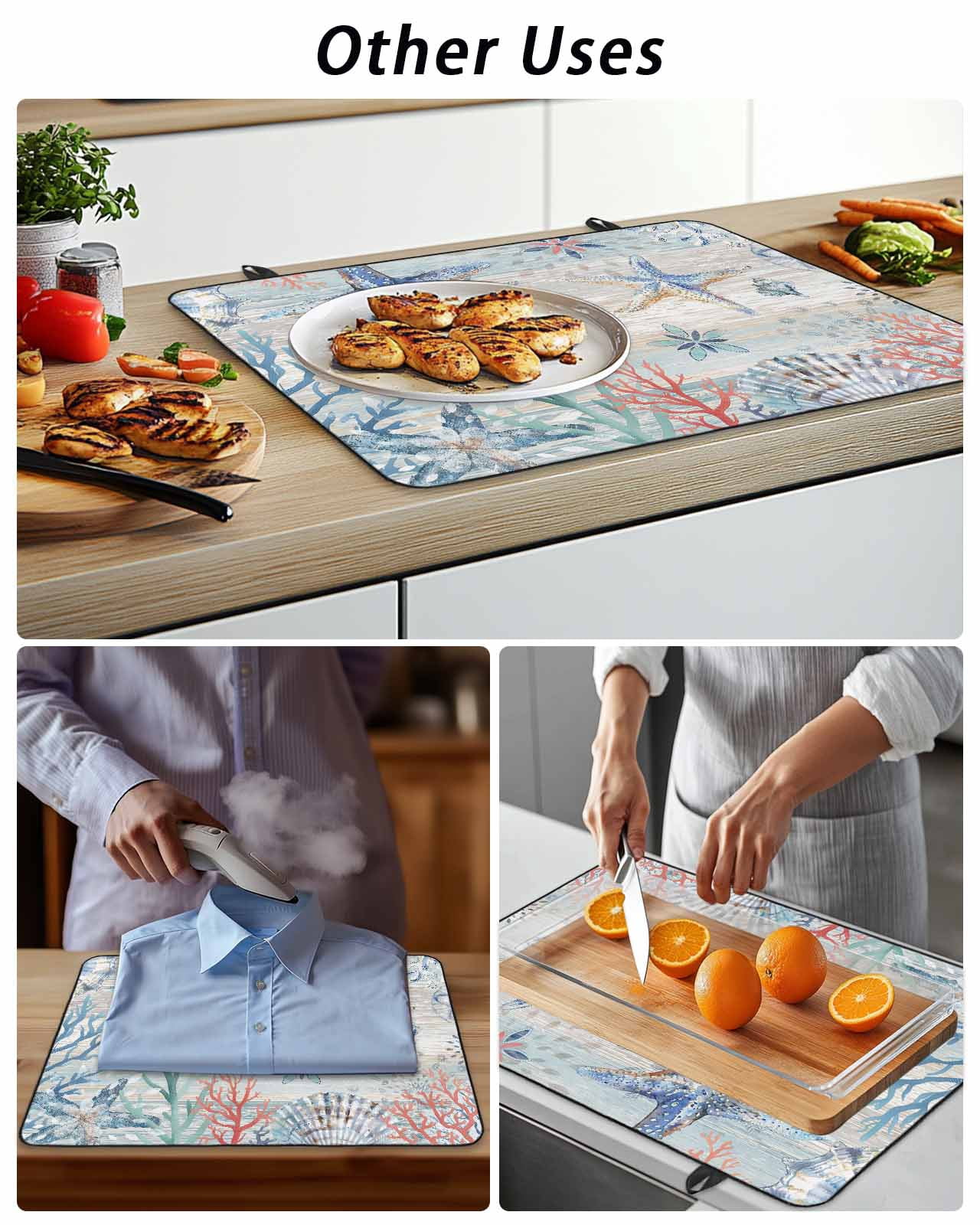 Stove Top Covers for Electric Stove, Coastal Starfish Glass Stovetop Cover Protector, Blue Nautical Coral Seashell Wooden Induction Cooktop Protector Oven Mat for Kitchen Countertop 24"x21"