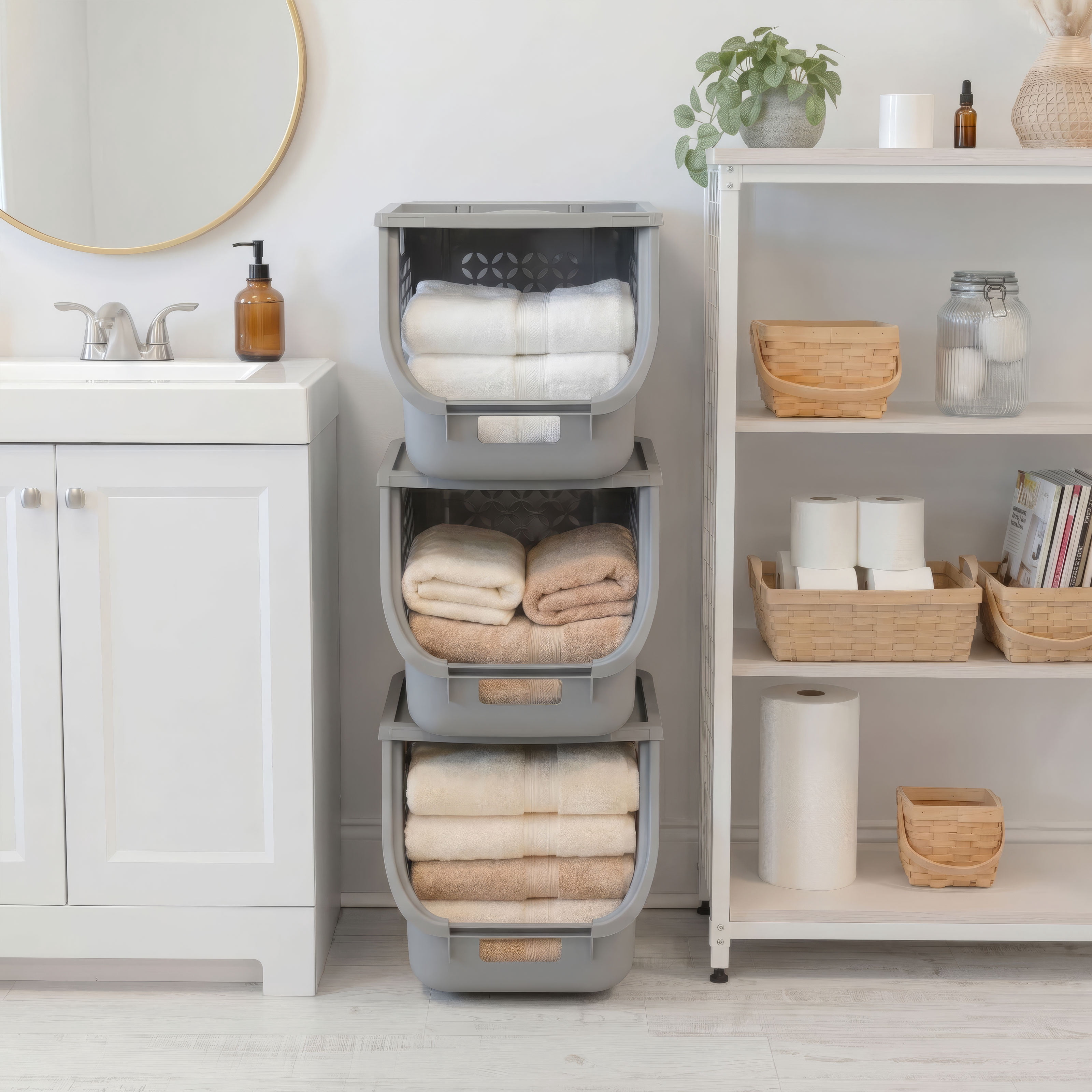IRIS,1.33bu Stacking Laundry Basket Gray 3PK  - 47 Liter