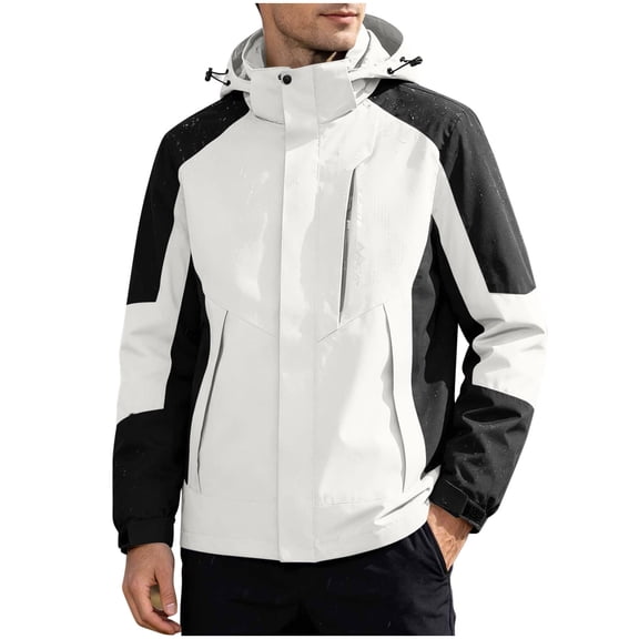 StSilkitty Men's Rain Jacket Color Block Long Sleeve Full Zip Windbreaker Waterproof Hooded Raincoat with Pockets