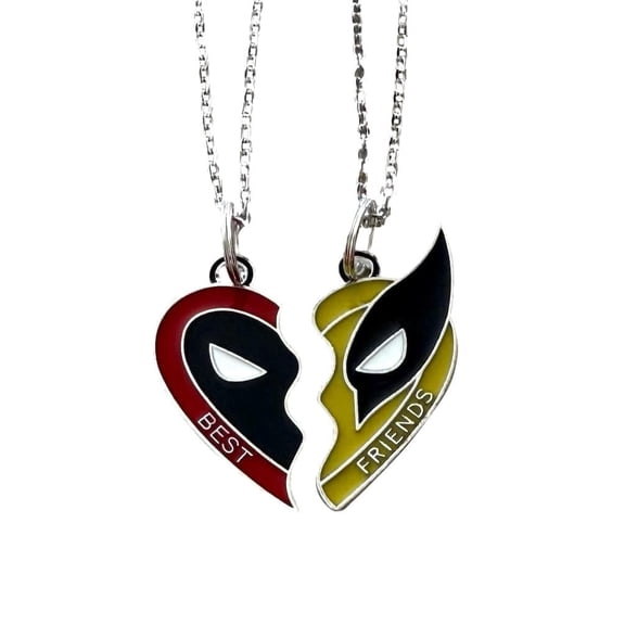 Deadpool Wolverine Split Heart Enamel Metal Pendant Necklace Set of 2 in Small Velvet Bags