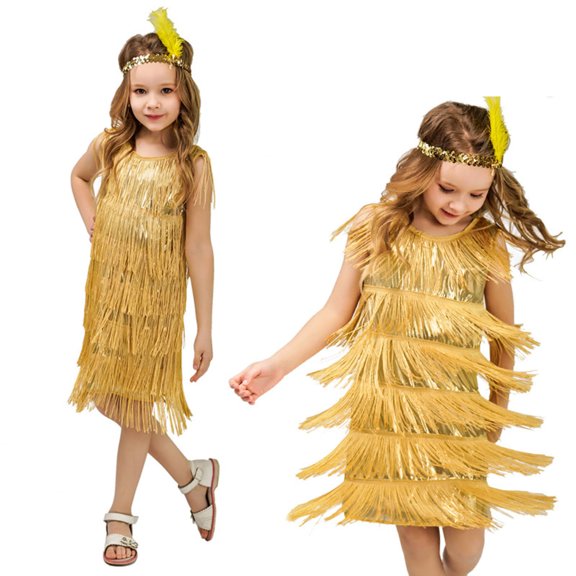 Bysome Dresses For Girls Toddler Tassel Sequin Fringe Latin Dance Dress Dress Crew Neck Sleeveless Solid Color Clothes Fall Winter Dance Party Girls Outfits Yellow Size 7-9 Years