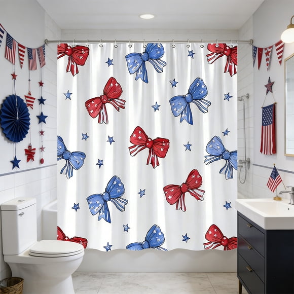 Cortina de ducha decorativa con temática del Día de la Independencia | Cortina divisoria de baño impermeable | Decoración para el 4 de julio con ganchos | Mampara de baño festiva para el hogar