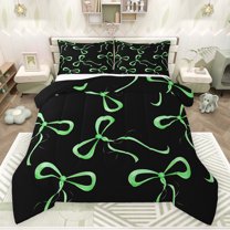 jejeloiu Kawaii Bow Tie Bedding Comforter Set,Cartoon Cute Bowknot Twin Comforter Sets,Green Black Bedding Set For Girls Teens,Luxury Bedroom Decor Reversible,2-Piece