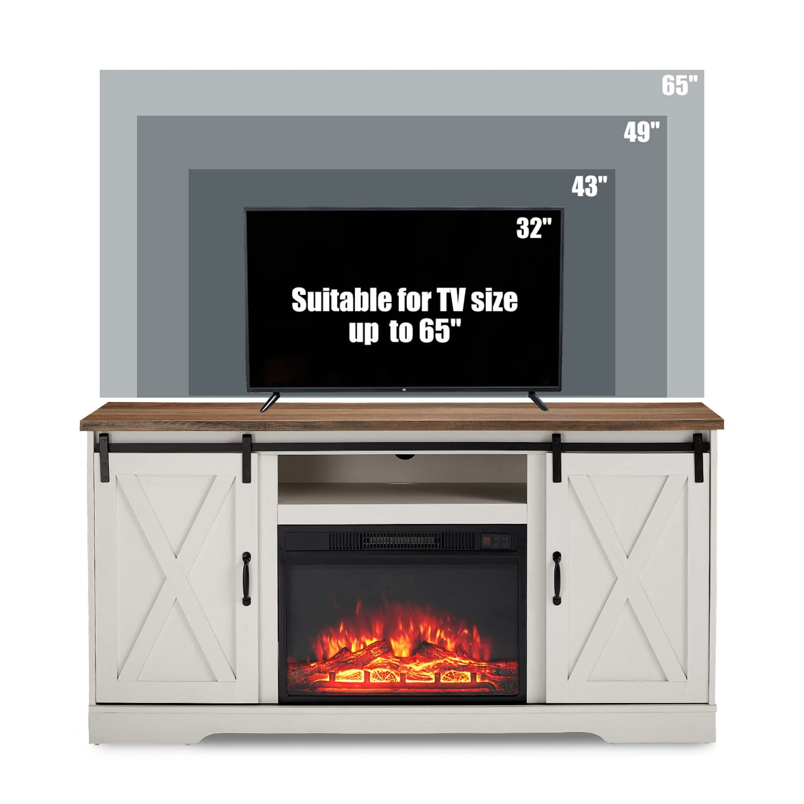 VANACC 59" Fireplace TV Stand Sliding Barn Door Wood Entertainment Center with a 23" Electric Fireplace Insert, Distressed White & Barnwood
