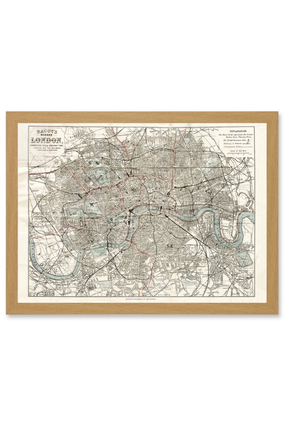 Map Bacon 1883 Modern London City England Plan Chart Artwork Framed Wall Art Print A4