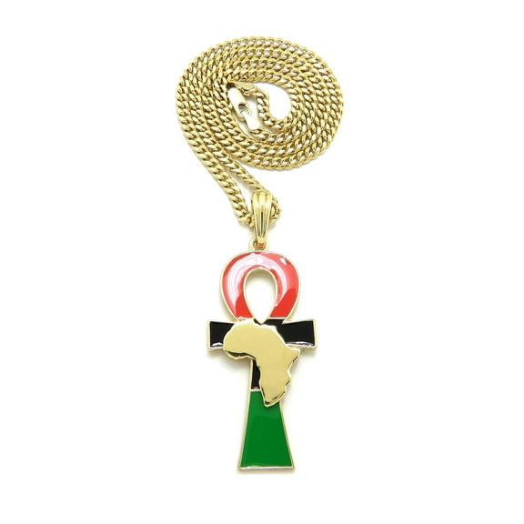 iJewelry2 Ancient Egyptian Afro-American Colored ANKH Cross with Africa Motif Gold Tone Cuban Chain Pendant Necklace 18''