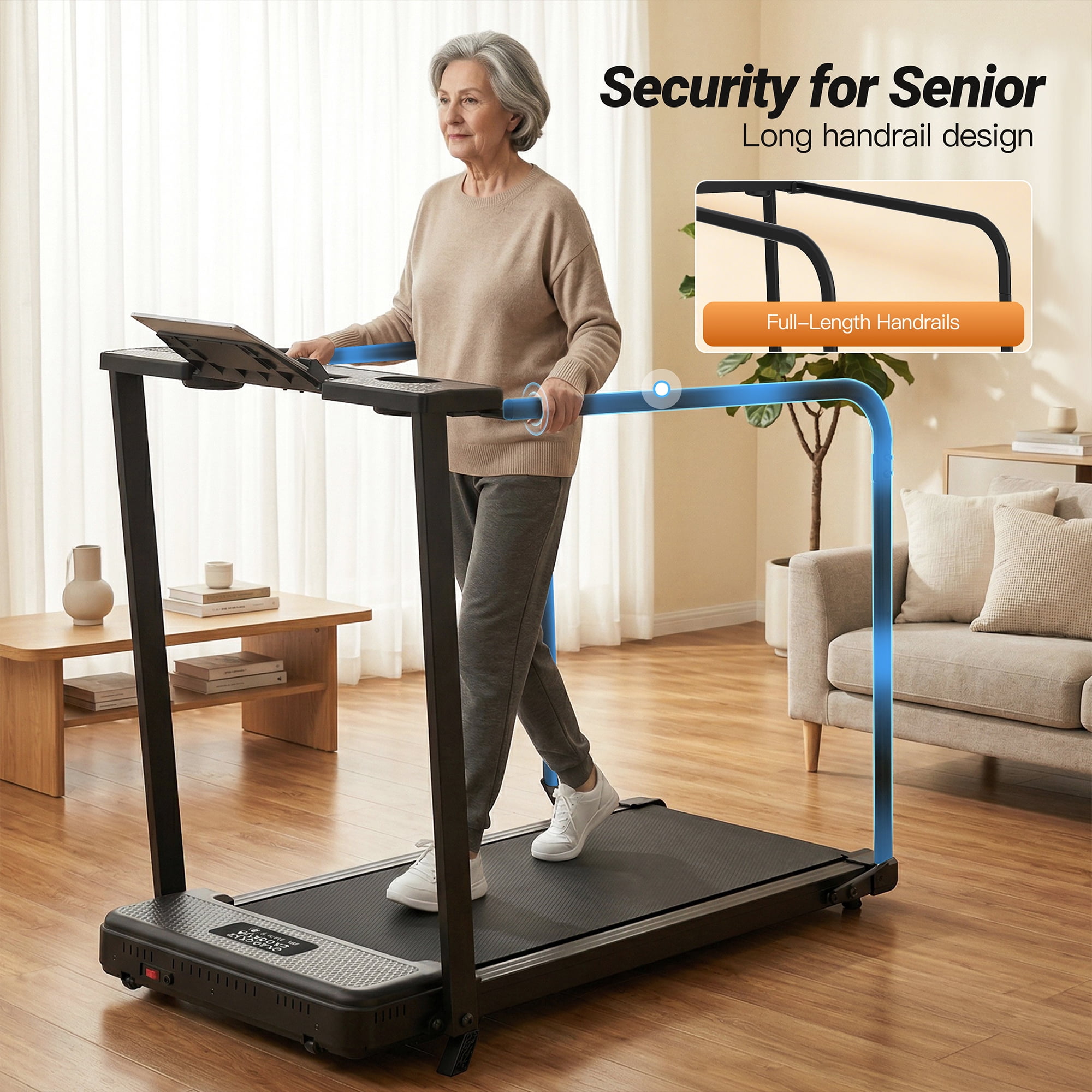 Simpfree 2.5HP Treadmill for Home 300 lbs Capacity, Walking Pad with Full-Length Handrails for Seniors, 5% Incline Portable Running Machine with Remote Control, LED Display, Cup & Phone Holder