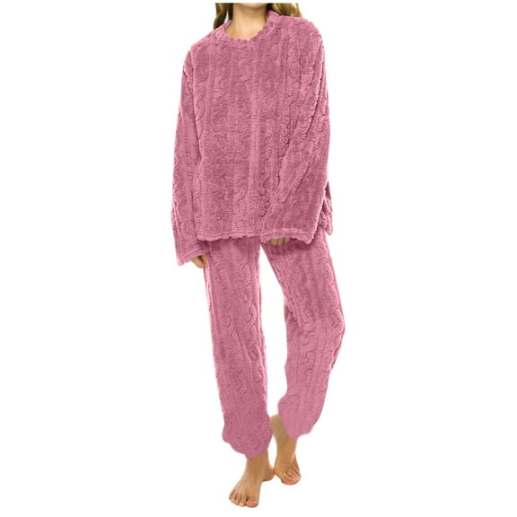 Winter Fleece Pajama Womens Soft Fluffy Warm Pullover with Pants 2 Piece Lounge Sets Comfy Fuzzy Plush Sleepwear Pink One Size