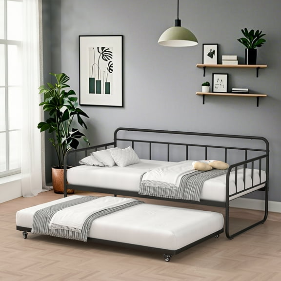 VOLIX Twin Daybed With Trundle Included,Metal Daybed Frame with Pull-Out Trundle Bed, No Box Spring Needed Sofa Bed, Black
