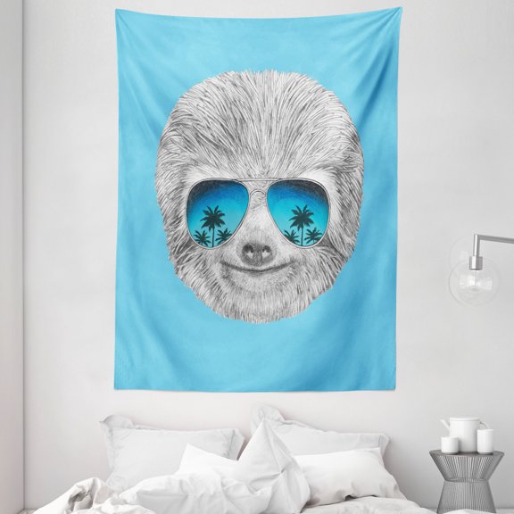 Sloth Tapestry, Portrait of Sloth with Mirror Sunglasses Exotic Palm Trees Hawaiian Beach Hipster, Wall Hanging for Bedroom Living Room Dorm Decor, 60W X 80L Inches, Grey Blue Aqua, by Ambesonne