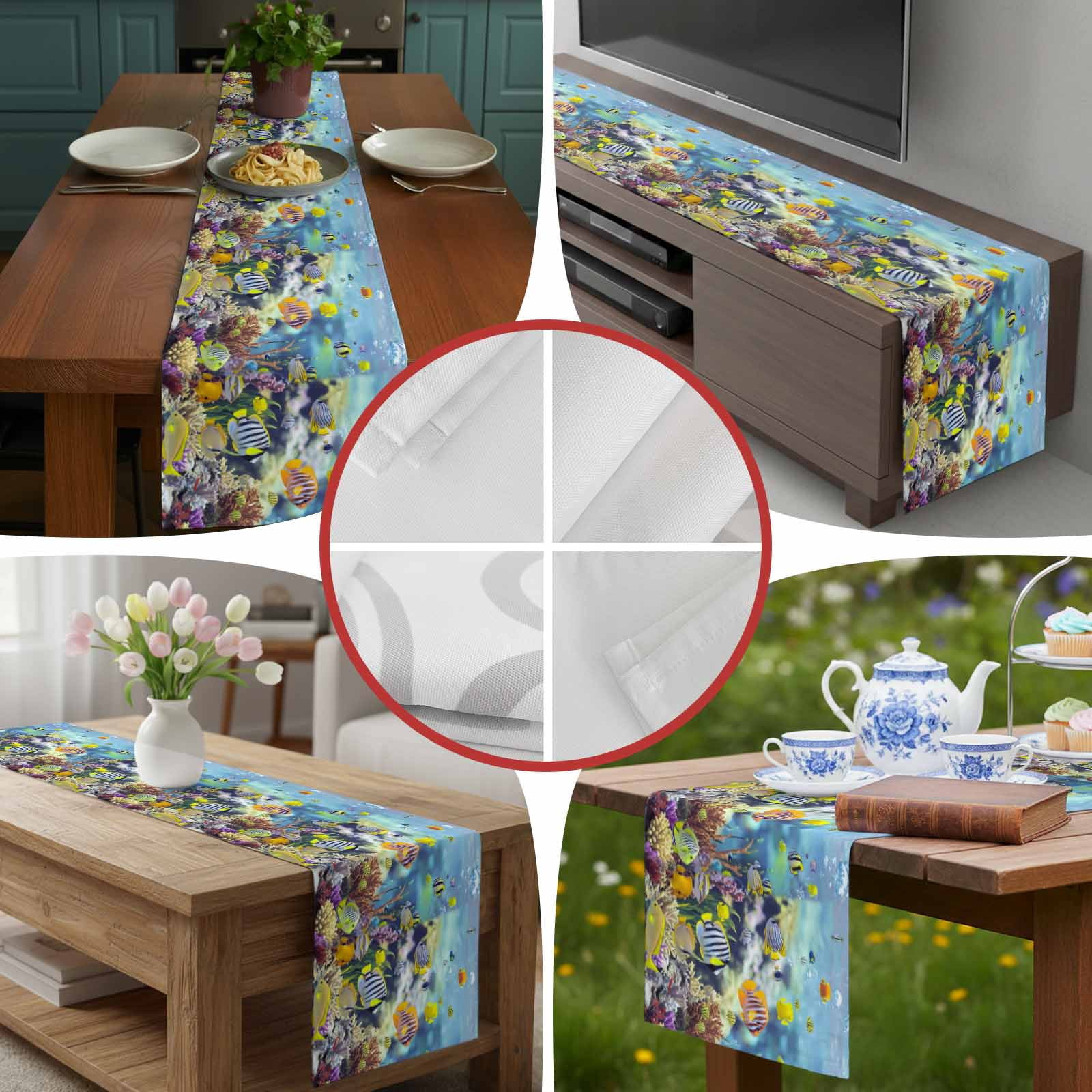 Sea Fish Coral Seaweed Table Runner 90 Inches Long, Summer Blue Ocean Table Runners Tabletop Scarf Kitchen Dining Tables Decoration for Home Party Indoor Outdoor