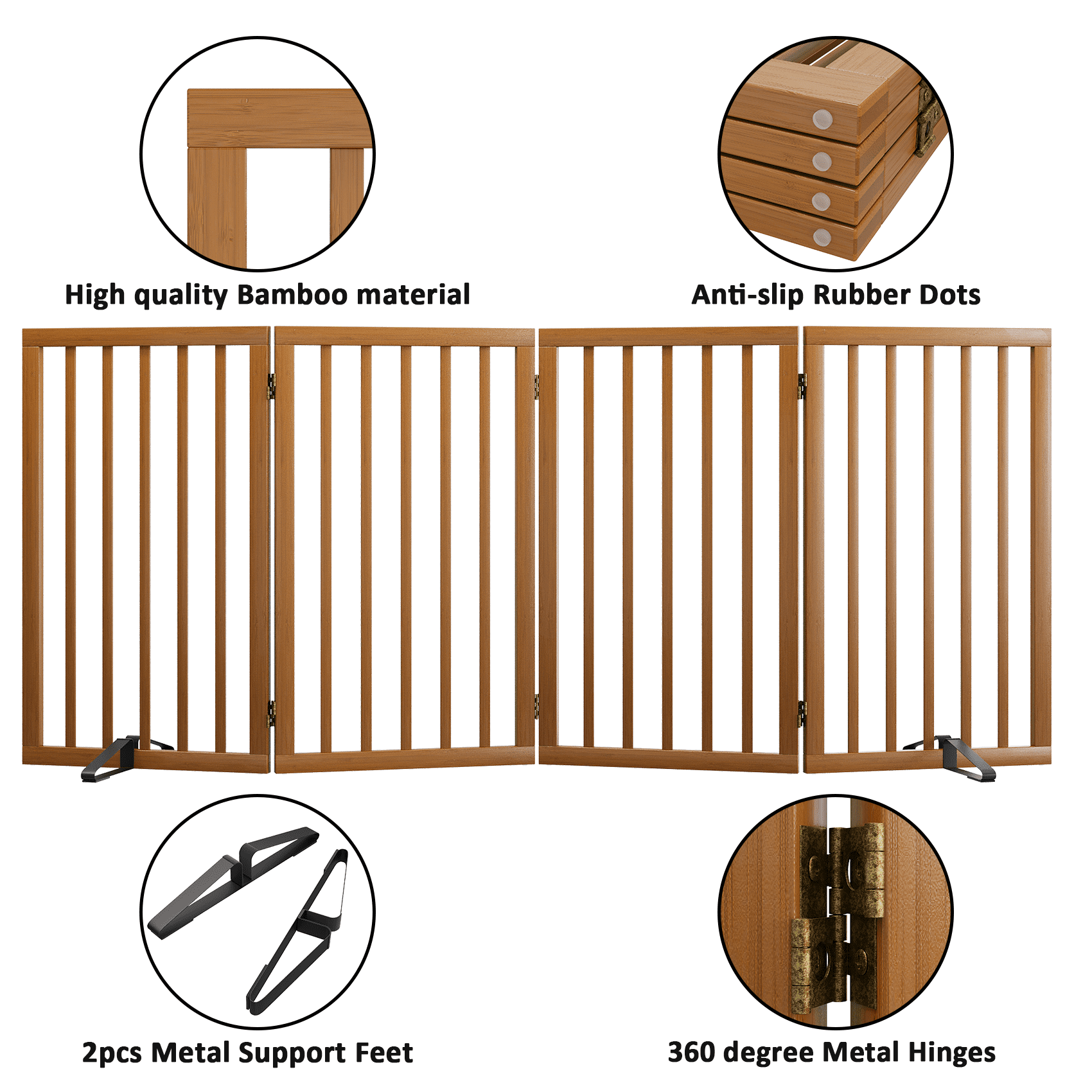 Smart FENDEE Bamboo Dog Gate Freestanding 4 Panel Pet Gate with 2 Support feet, 33" Tall, Walnut