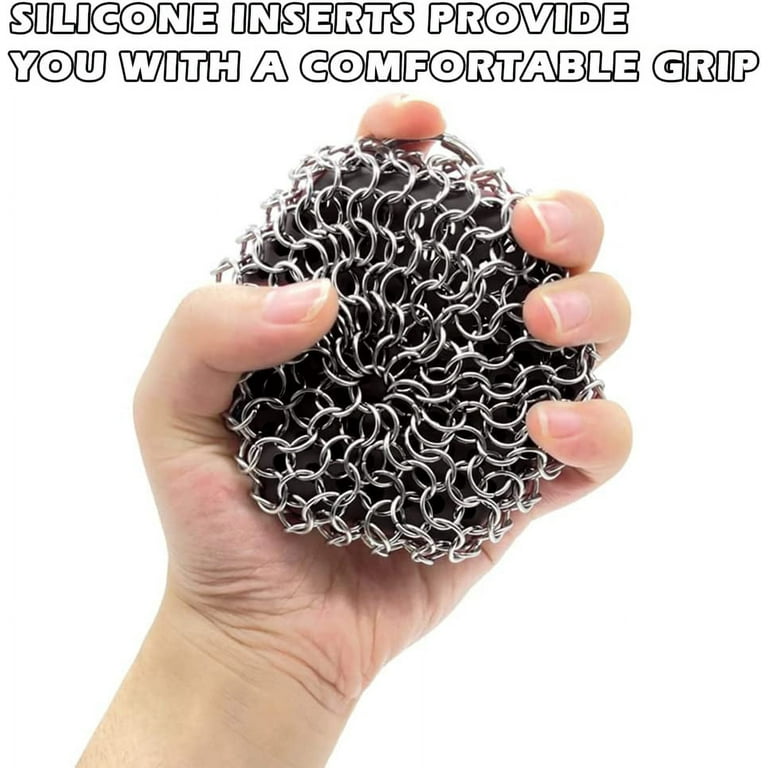 Cast Iron Scrubber + Pan Scraper - 316 Chainmail Scrubber with Silicone  Handle Cast Iron Cleaner for Cast Iron Grill Pan Skillet Wok Bakeware -  Comfortable to Hold - Easy to Use Dishwasher Safe, Black