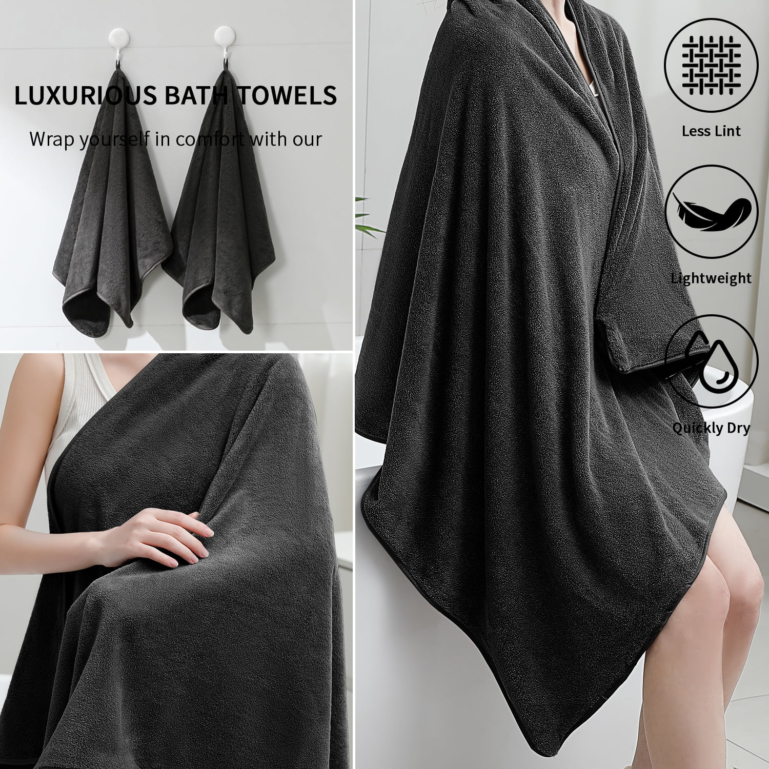 Beartech 8 Piece Bath Towels Set-2 Bath sheet,2 Hand Towel,4 Washcloths,Soft Lightweight Family Towel Highly Absorbent Microfiber Towel Quickly Dry & Less Lint Shower towel for Bathroom-Black