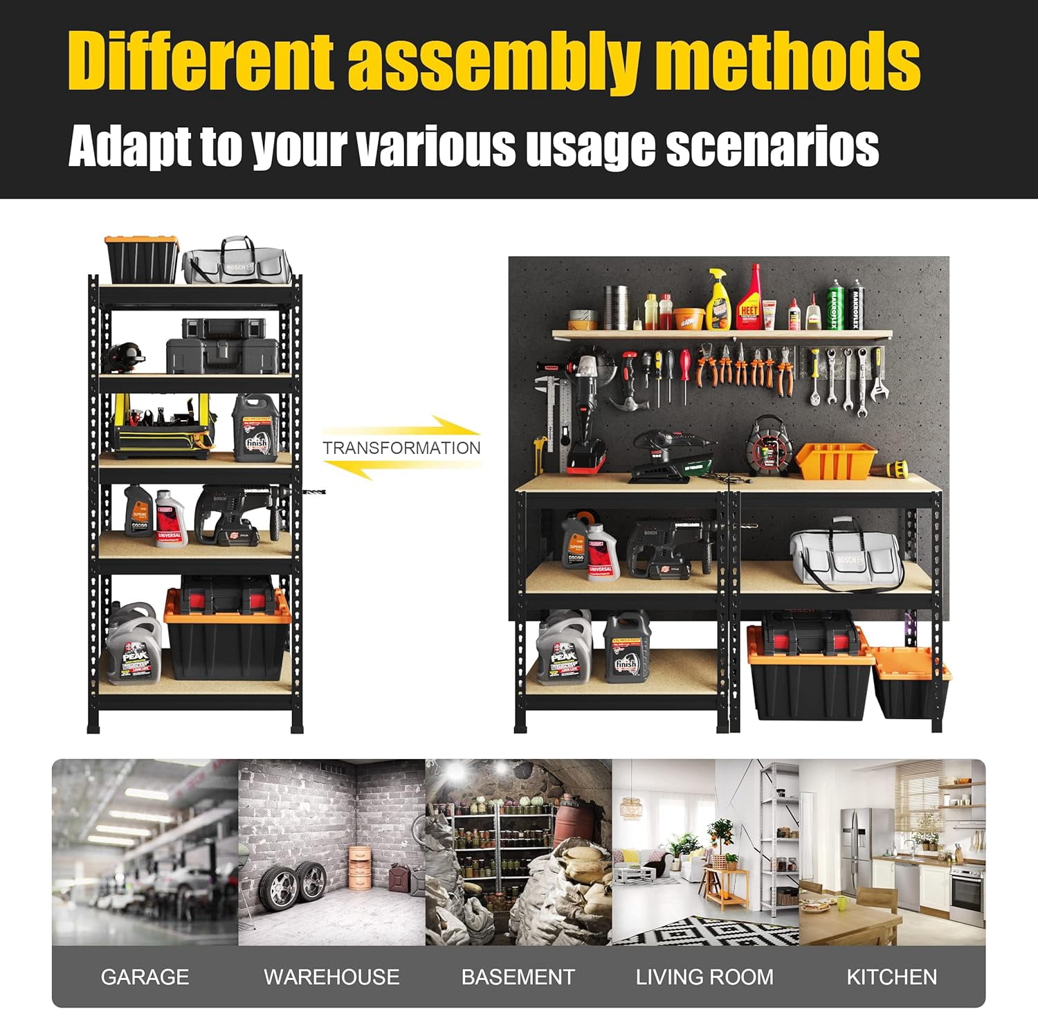 Howcool Heavy Duty Garage Shelving, 2400 lbs 5-Tier Metal Storage Rack, Adjustable Narrow Shelves 28”W x 12”D x 60”H, Boltless Assembly, for Garage Basement Pantry