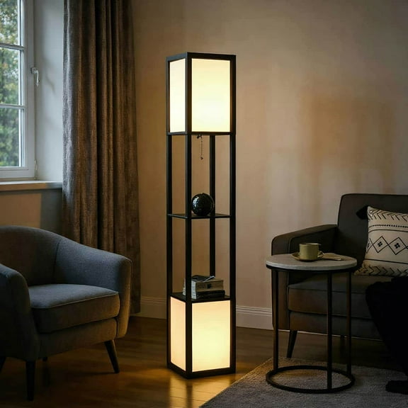 Spaco 10.25"x10.25"x61.5" Modern Shelf Floor Lamp with Dual Ambient Light, Standing Lamp for Indoor as Living Room, Bedroom, Black