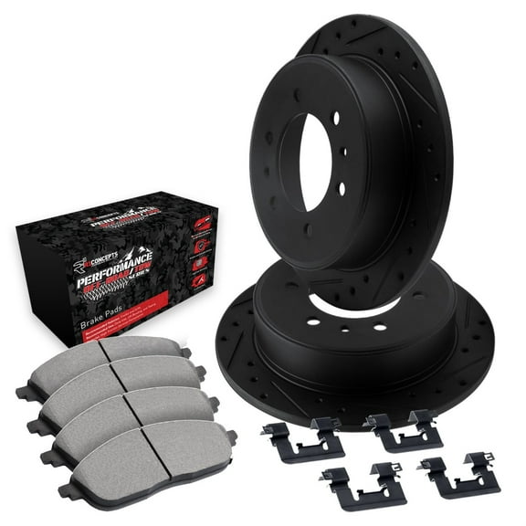 R1 Concepts Drilled and Slotted Black Disc Brake Rotor Set with Off-Road/Tow Brake Pads and Hardware WHVH1-76003