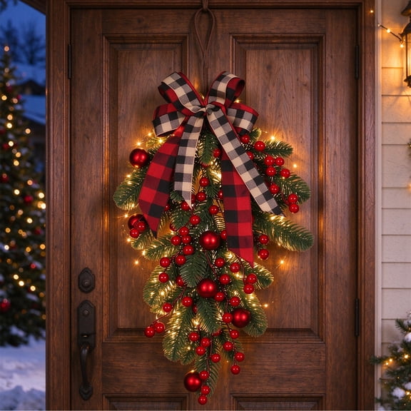Christmas Teardrop Swag, 23.6in Artificial Pine Swag with Pine Cone Red Berry Christmas Ball Artificial Christmas Pine Branch Teardrop Door Swag Decoration for Xmas Front Door Outdoor Indoor Wall