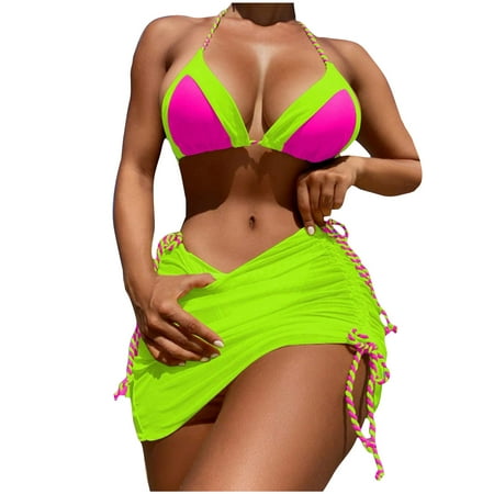 3 Piece Swimsuit for Women Sexy Halter Triangle Bikini Set with Drawstring Beach Coverup Skirt Matching Bathing Suit
