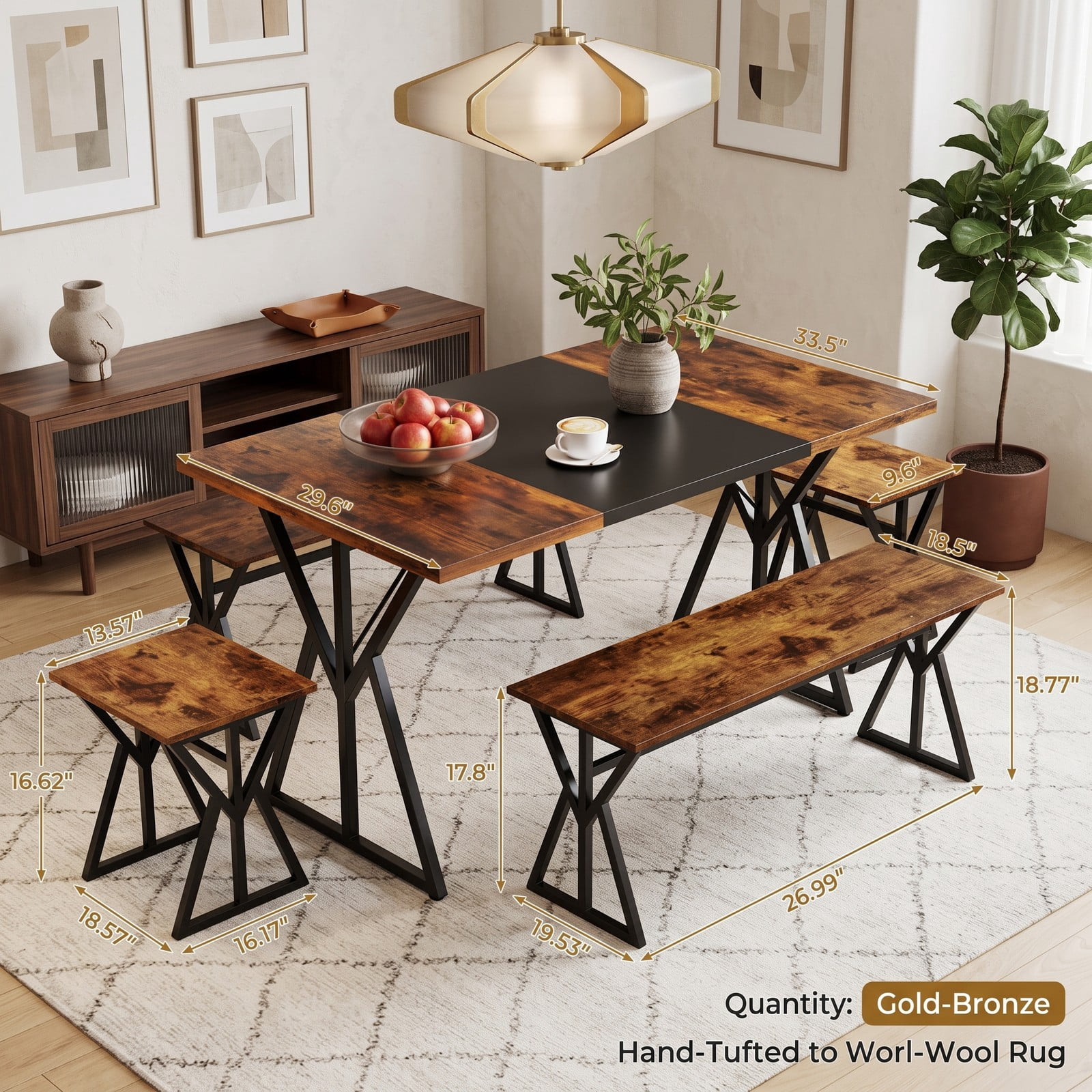 Furnibear 5 Piece Industrial Dining Set with Rectangular Table 2 Benches and 2 Stools for Kitchen Dining Room and Small Apartments, Rustic Brown
